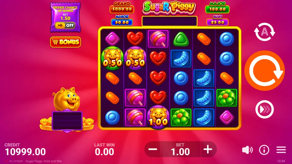 Sugar Piggy: Hold and Win base game grid with full 6x5 candy symbols