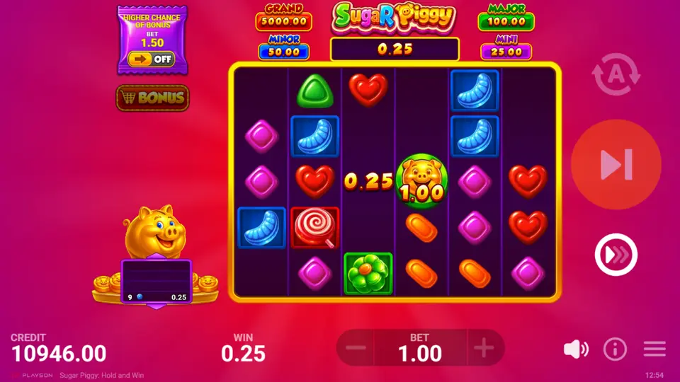 Winning cluster of 8 or more matching candies collapsing on the grid